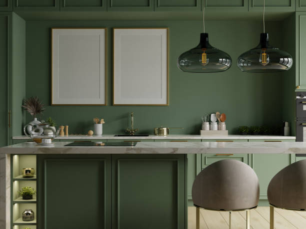 istock Mockup poster frame in kitchen interior and accessories on dark green wall- 3D rendering 2158930105