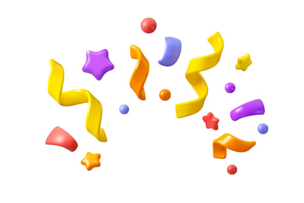ilustraciones, imágenes clip art, dibujos animados e iconos de stock de fondo de fuegos artificiales de confeti 3d vectorial - celebración de carnaval festivo fondo con los iconos y objetos