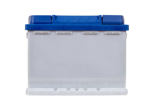 Car battery isolated on white background. Battery front view.