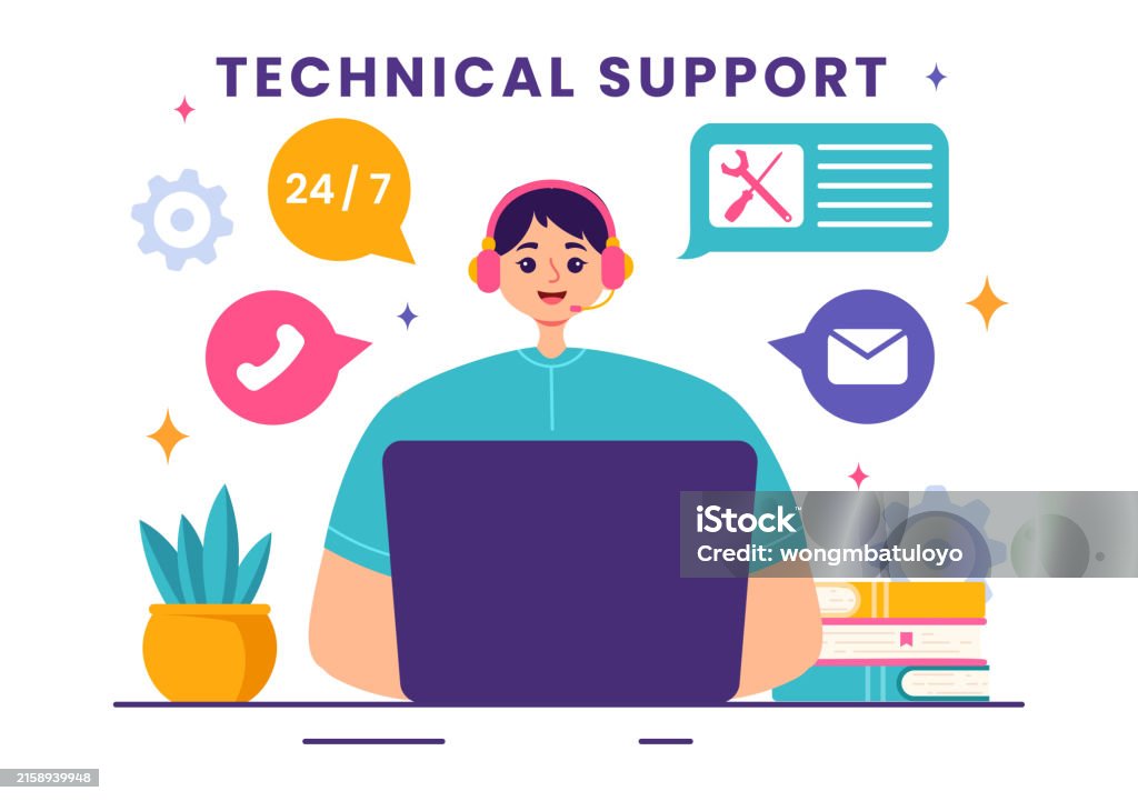 Technical Graphics Cartoon Vector Illustration Of A Technical Support System Featuring Software ...
