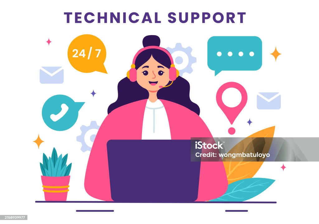 Vector Illustration Of A Technical Support System Featuring Software ...