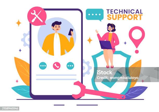 Vector Illustration Of A Technical Support System Featuring Software ...