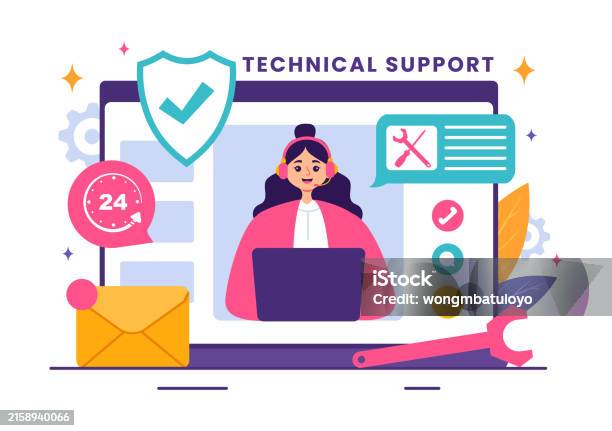 Vector Illustration Of A Technical Support System Featuring Software ...