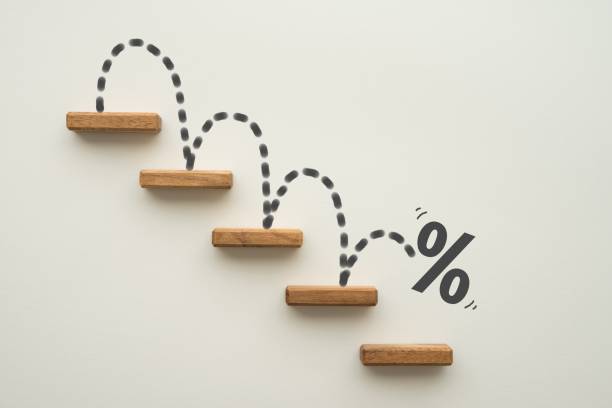 istock Percent sign moving down from top stair on white background. 2158940766