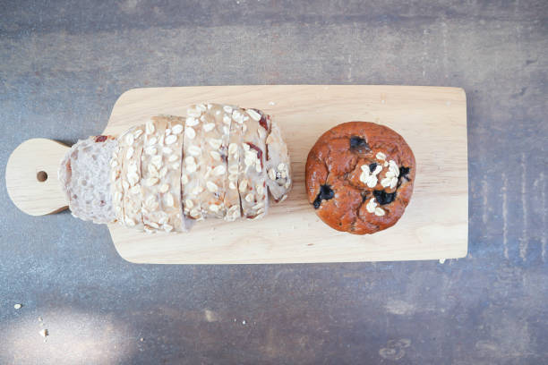 muffins or blueberry muffins and bread in the tray
