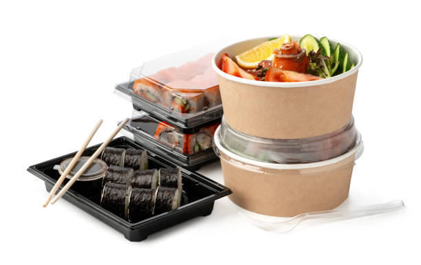 istock Poke bowls and sushi rolls on white background 2158941788