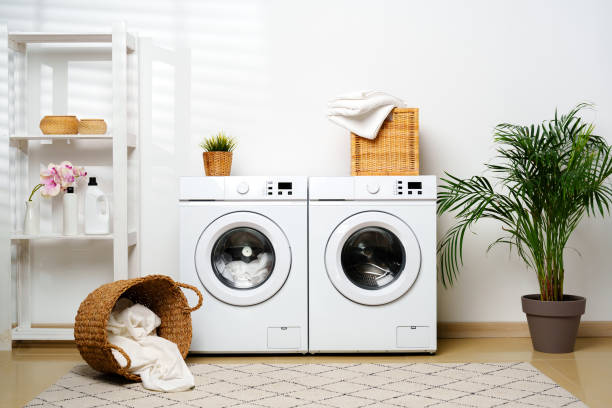istock Modern Laundry Room With White Appliances and Greenery 2158942456