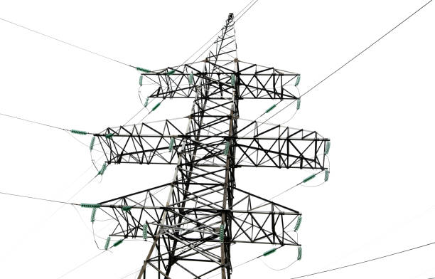istock Metal electric pole with wires isolated on a white background 2158944383