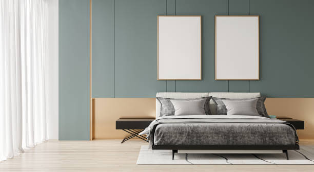 istock mock up poster frame in interior background, bed room. 3D render, 3D illustration 2158944628