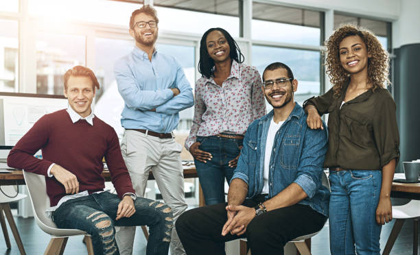 istock Portrait, teamwork or business people in modern office, startup or diversity with cooperation. Group, staff or employees in workplace, multiracial or design company with consulting agency or creative 2158944872
