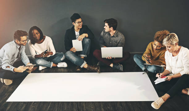 istock Banner, tech and business people on office floor with mockup for creative, planning or digital agency promotion on wall background. Poster, collaboration or web design team with app for brainstorming 2158946887