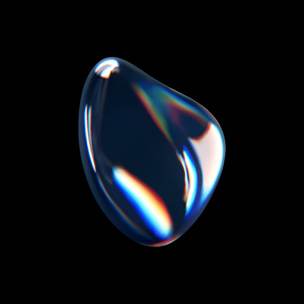 istock 3d glass liquid abstract, fluid shape with holographic effect isolated on black background. Render of transparent glass circle liquid object, soap water bubble with reflection. 3d vector illustration 2158946946