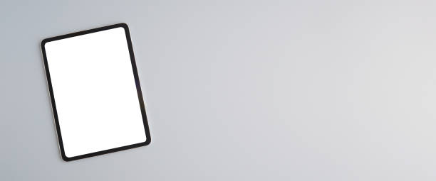 istock Digital tablet with blank on screen isolated on grey background, banner for template, mock up, top view, flat lay, communication technology 2158947582