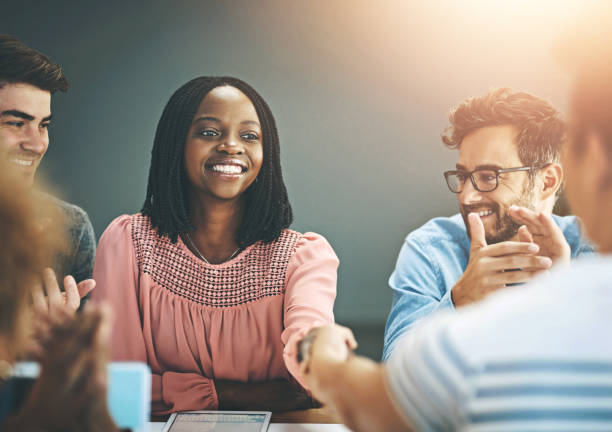 istock Interview, applause and business woman with handshake for hr in office celebration, support or recruitment success. Thank you, promotion and people shaking hands for contract offer, intro or b2b deal 2158947721
