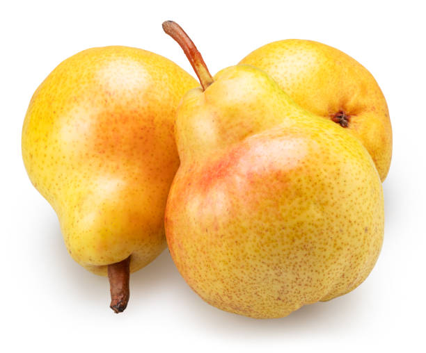 Three ripe yellow pears with red side on white background. File contains clipping path.