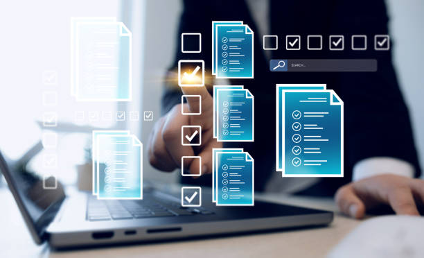 istock Businessman check virtual electronic documents  and checklist approve. Business productivity checklist and filling survey form.Fast checklist and clipboard task management. 2158954452