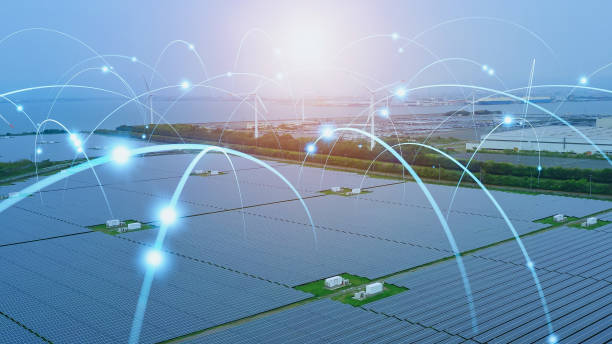 Solar power plant and communication network concept. Renewable energy. Smart grid. Sustainable resources.