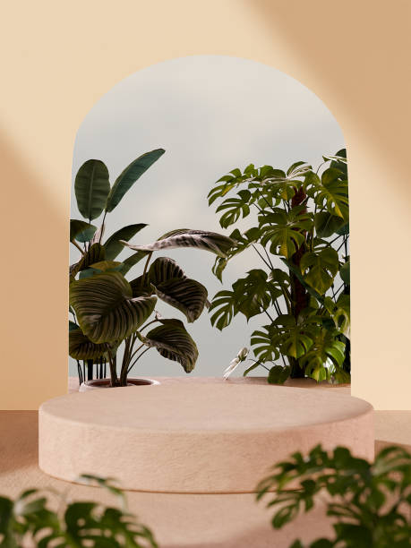 istock Product presentation display with podium arch and vegetation 2158957681