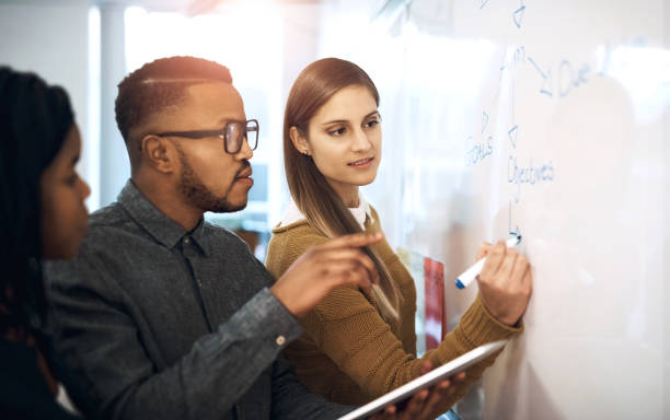 istock Business people, brainstorming and planning with whiteboard, teamwork and cooperation for project. Group, staff and employees with collaboration, ideas and review for company growth and research 2158958397