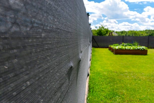 istock Anthracite-colored masking net placed on a mesh fence, visible vegetable boxes. 2158961061