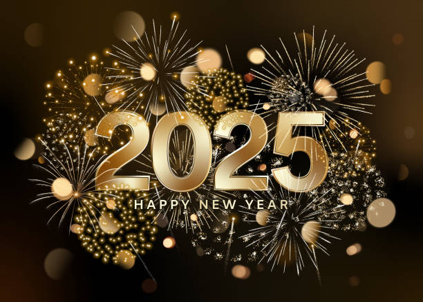 istock 2025 fireworks. Gold number logo. New Year greeting card 2158961915