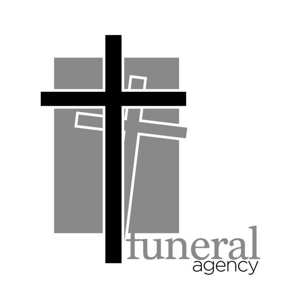 Cross for grave, funeral agency isolated icon, religious symbol Funeral agency isolated icon, cross religious symbol and mourning vector. Interment and burial arrangement emblem or logo, death rituals. Rest in peace, grave element, farewell ceremony at cemetery funeral home logo stock illustrations