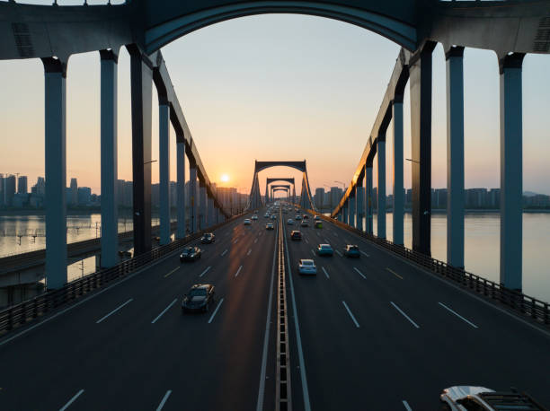 istock Steel bridge driveway sunset view 2158962615