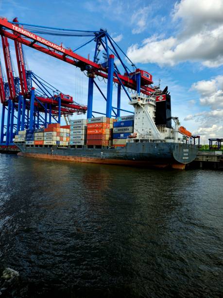 Port of Hamburg Container Terminal. The image shows several container cranes loading container ships. The image was captured during spring season.