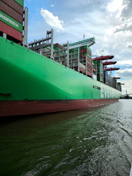 Port of Hamburg Container Terminal. The image shows as close-up The Ever Alp Container Ship (Evergreen A-class). The image was captured during spring season.