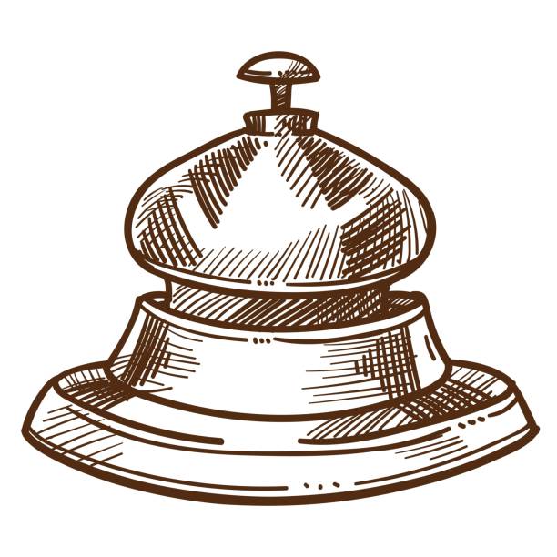 Bell from reception desk isolated sketch hotel staff equipment Hotel staff equipment bell from reception desk isolated sketch vector ringing button receptionist calling sound producing item. monochrome drawing house concierge service device or tool motel lobby drawing of the hotel reception stock illustrations