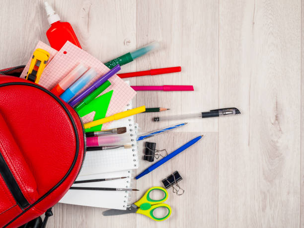 istock Stationery for studying against the background of a student's backpack 2158964664