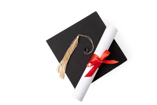 Graduation cap and diploma isolated on white background, university celebration, academic achievement, student intelligence