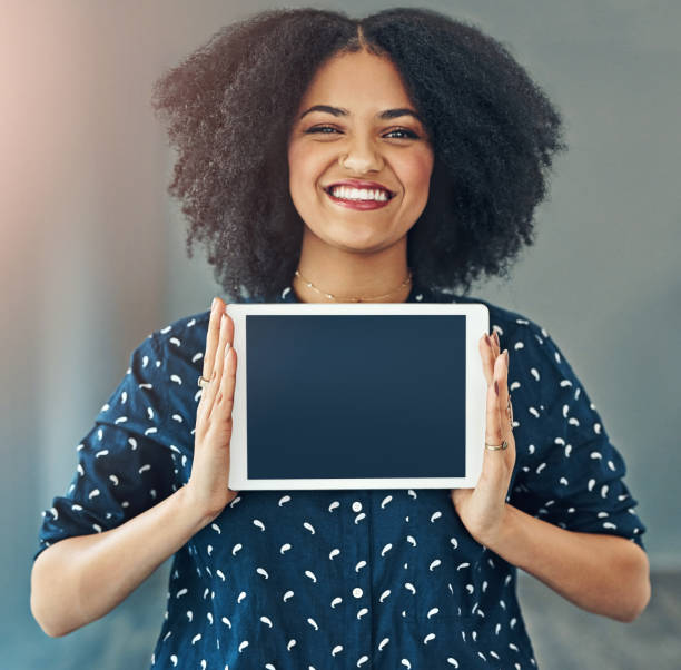 istock Woman, tablet and screen for mock up on studio background, information or logo for advertising. Female person, backdrop and portrait with technology, digital marketing platform for announcement 2158966347
