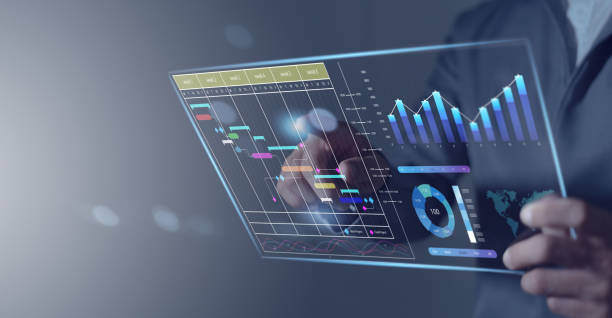 istock business project management system Milestone progress planning with a Gantt chart scheduling interface on a virtual screen 2158970190