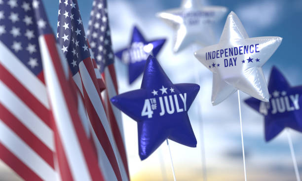 USA Flags And 4th Of July Stars On Blue Sky