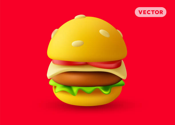 istock Vector illustration of realistic burger with cheese and salad on red color background. 3d style cartoon design of big hamburger with shadow. Fast food 2158971473