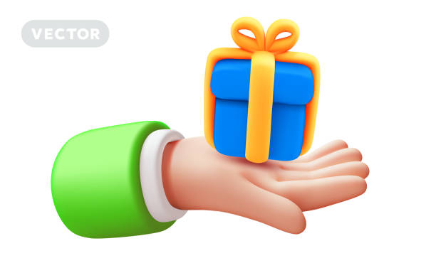 istock Vector illustration of gesture hand in sleeve hold blue color gift box with yellow ribbon on white color background. 3d style design of man white skin hand give present 2158971601