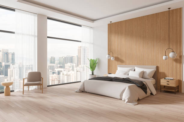 istock Cozy home bedroom interior with bed and armchair, panoramic window 2158974451