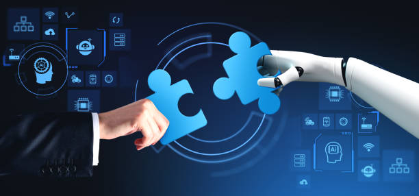 istock Human and robot connect two puzzles, AI hologram with icons 2158974663
