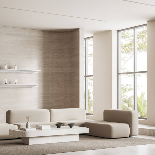 istock Stylish lobby interior with sofa and decoration in beauty shop, panoramic window 2158974690