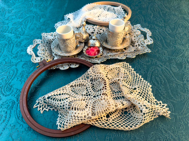 istock Turkish coffee served in silver trays and cups, with small Turkish delight 2158974825