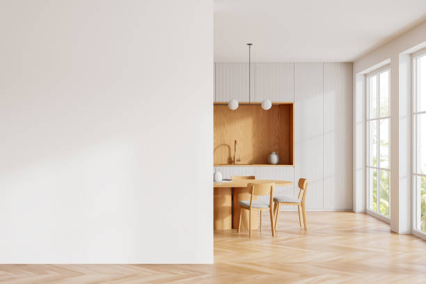 istock Wooden home kitchen interior with dinner table, cabinet and window. Mockup wall 2158975383