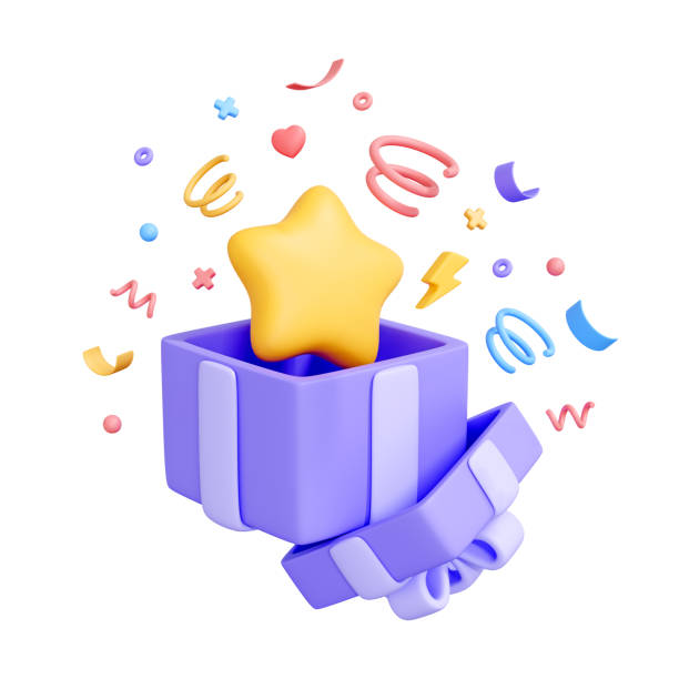 Open purple gift box with yellow star floating above it, surrounded by confetti