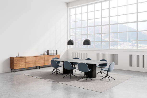 istock Cozy office meeting room interior with board, drawer and panoramic window 2158976056