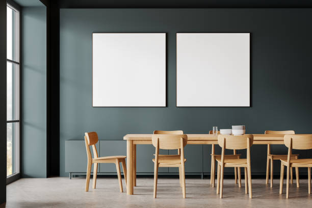 istock Stylish living room interior with eating table and chairs. Mockup frames 2158976249