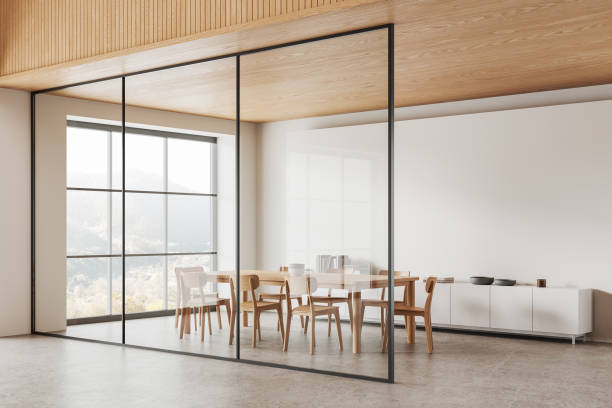 istock Beige home living room interior with eating table and seats, panoramic window 2158976271