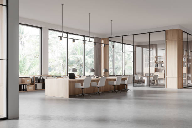 istock Modern office meeting room interior with board and chairs, panoramic window 2158976947