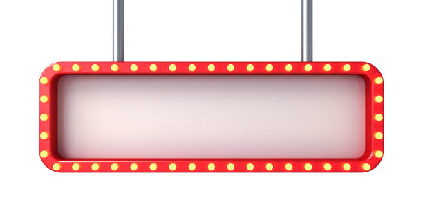 Hanging blank long white sign banner or retro billboard display box or blank white signboard with red frame and glowing retro yellow neon light bulbs isolated on white background 3D rendering