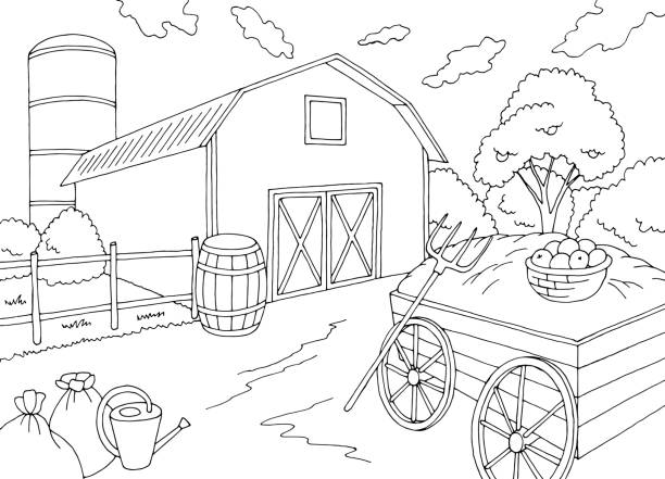 Farm coloring graphic black white landscape sketch illustration vector