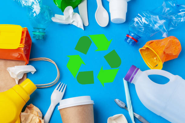 istock Eco concept with recycling symbol on table background top view 2158979740
